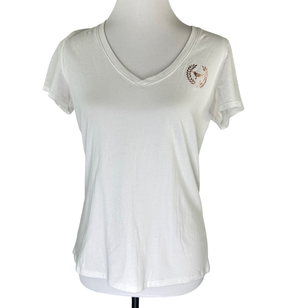 Victoria's Secret PINK‎ White V-Neck T-Shirt Rose Gold Sequin Logo Women's M